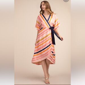 NWT TRINA TURK ENDLESS DRESS Striped Pink and Navy Wrap Dress Size 4